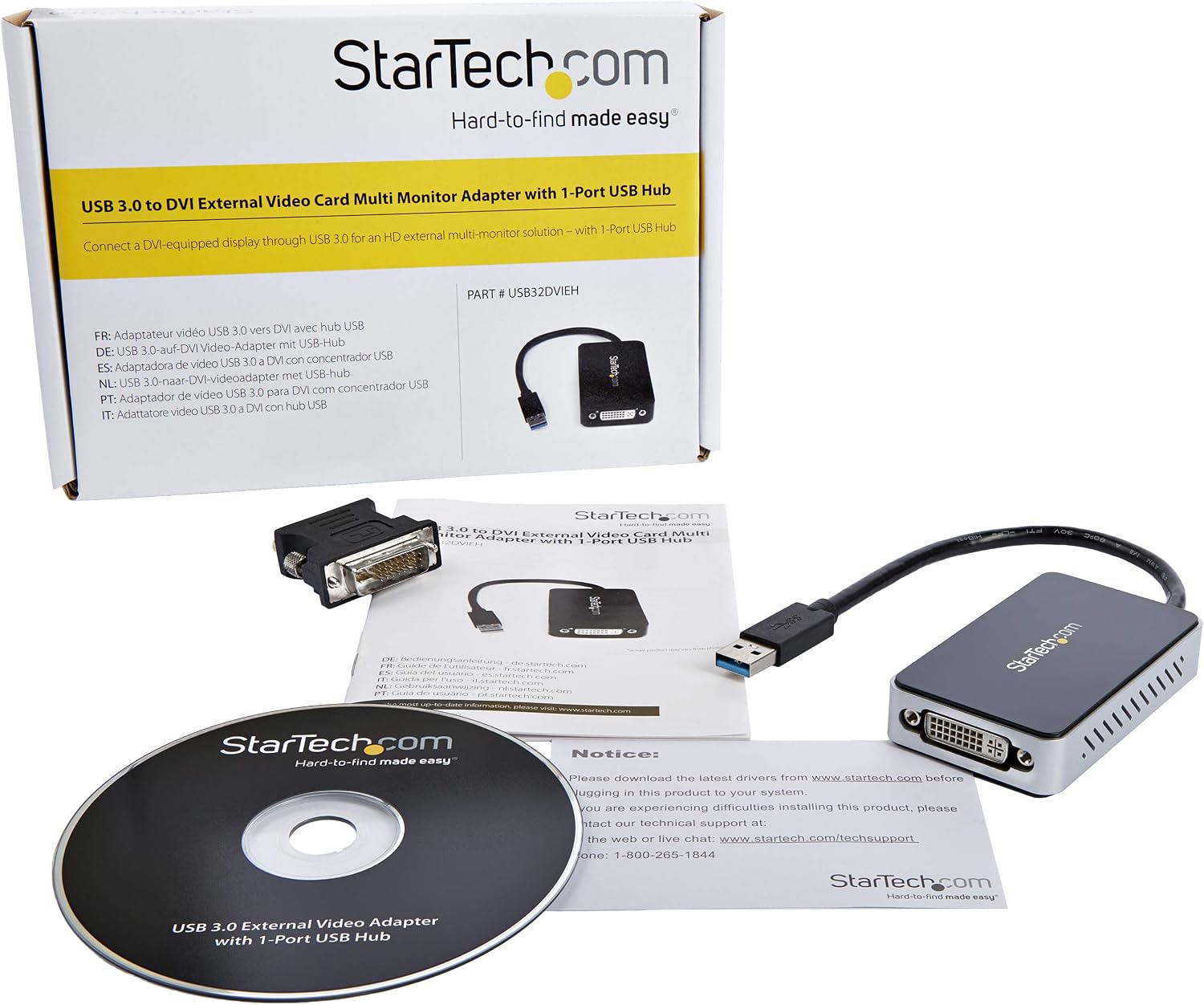 StarTech.com USB 3.0 to DVI Adapter with 1 Port USB Hub - 1920x1200 - External Video & Graphics Card - Dual Monitor Display Adapter - Supports Windows (USB32DVIEH)