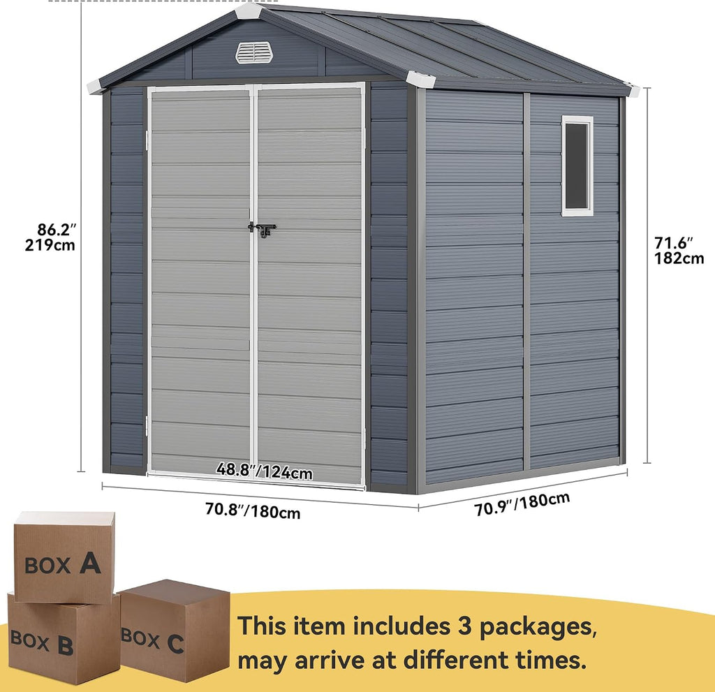 DWVO 6x6FT Outdoor Storage Shed w/o Floor, All-Weather Plastic Shed with Lockable Doors, Window & Vents, Plastic Tool Shed for Backyard, Patio, Poolside, Lawn, Gray