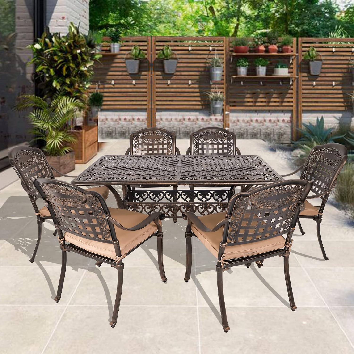 Grepatio 7 Piece Patio Dining Set Outdoor Dining Table Set Cast Aluminum Furniture Set with 6 Dining Armchairs and Dining Table, 6 Cushions Included for Backyard Garden Deck Poolside