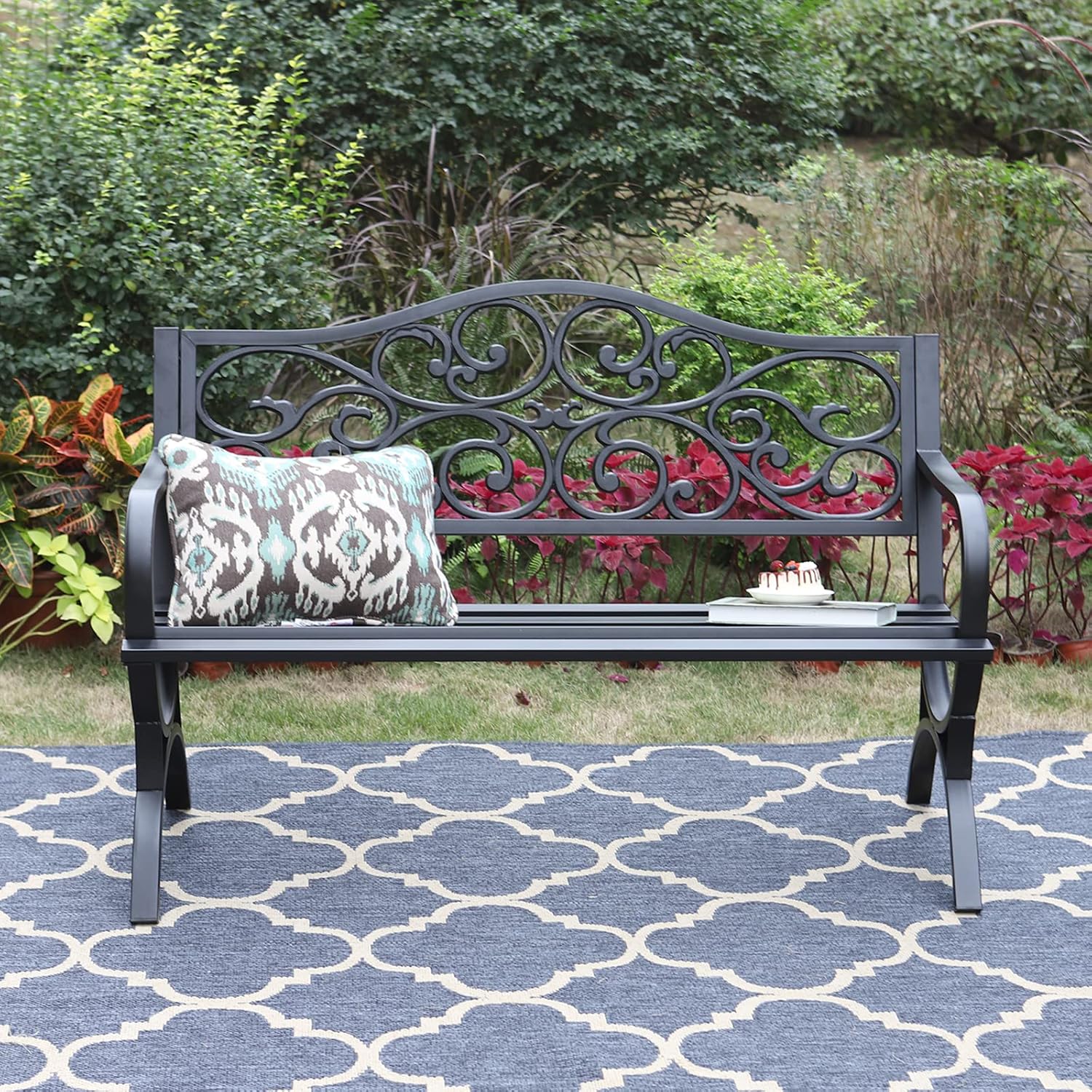 Sophia & William 50' Outdoor Garden Bench Patio Park Bench, Cast Iron Metal Frame Furniture with Floral Design Backrest for Porch Yard Lawn Deck, Black