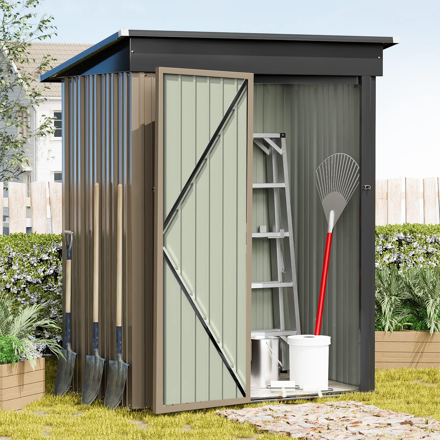 Greesum Metal Outdoor Storage Shed 5FT x 3FT, Steel Utility Tool Shed Storage House with Door & Lock, Metal Sheds Outdoor Storage for Backyard Garden Patio Lawn (5' x 3'), Brown