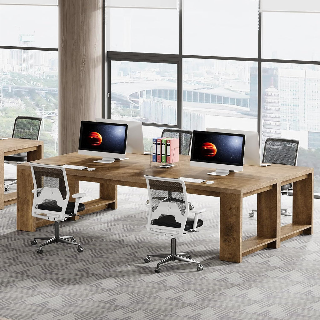 Tribesigns Two Person Desk, 86.6 Inches Extra Long Desk, Double Computer Writing Table, Wood Large Desks Workstation for Home Office, Natural Wood