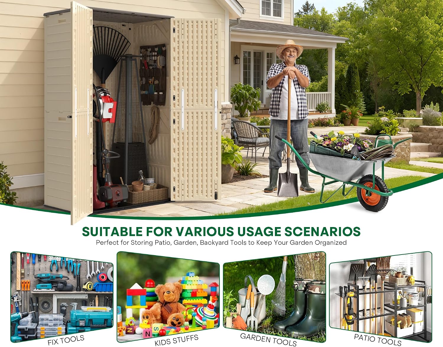 Tall Vertical Outdoor Storage Shed, 60 Cu Ft Waterproof Resin Storage Cabinet with Floor, All-Weather Garden Shed for Garage, Patio, Backyard, Porch (Khaki)