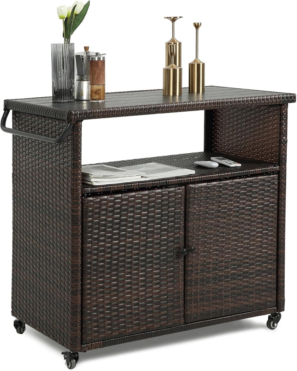 Wicker Outdoor Bar Cart - Brown Patio Console Table Buffet Storage Cabinet Serving Kitchen Cart with Wheels for Outside Backyard