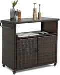 Wicker Outdoor Bar Cart - Brown Patio Console Table Buffet Storage Cabinet Serving Kitchen Cart with Wheels for Outside Backyard
