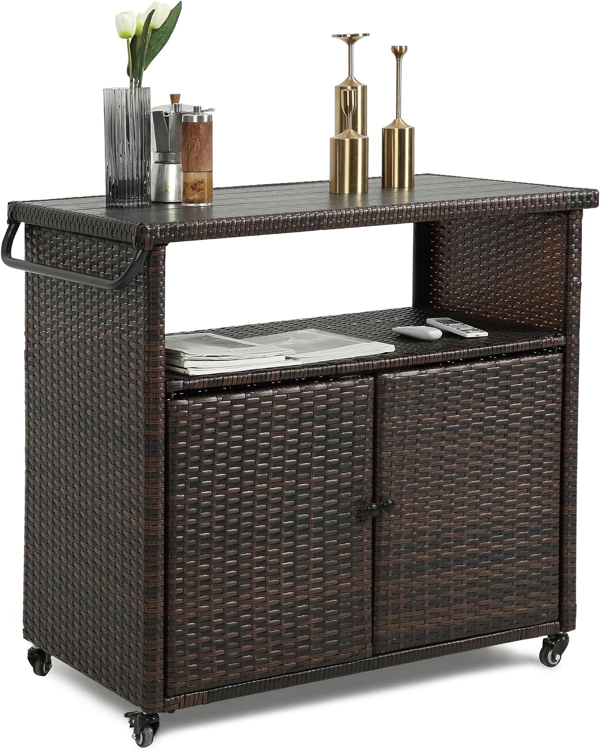 Wicker Outdoor Bar Cart - Brown Patio Console Table Buffet Storage Cabinet Serving Kitchen Cart with Wheels for Outside Backyard