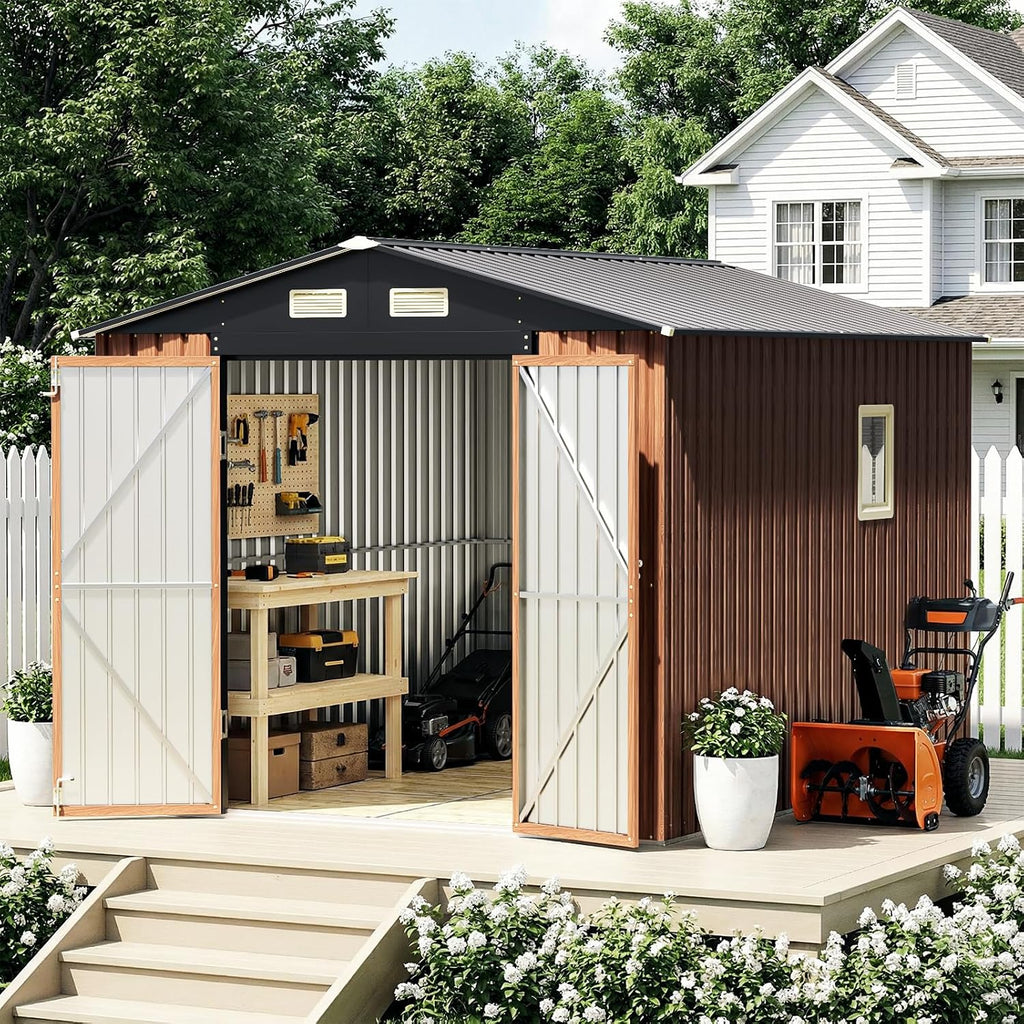 8x10 FT Outdoor Storage Shed, Metal Garden Shed with Floor Base & Updated Frame Structure, Lockable Door and Window, Large Tool Shed for Backyard, Patio, Lawn, Utility & Bike Storage