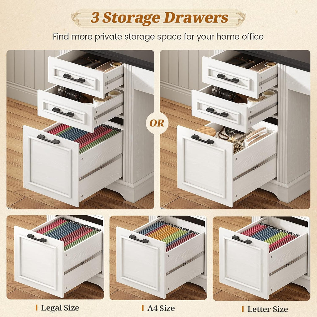 SEDETA Farmhouse L Shaped Desk with Hutch and 3 Drawers, 68.9' Executive Office Desk with File Drawer and Power Outlet, Corner Computer Desk with Storage Shelves for Home Office, White