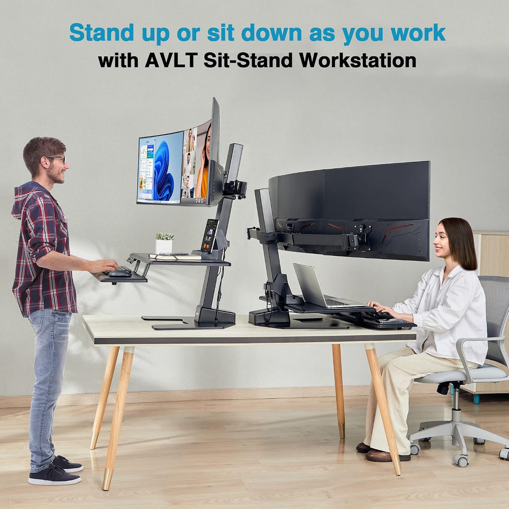 AVLT Electric Standing Desk Converter for Triple 32' Monitors, Motorized Sit to Stand Riser with 28'x16' Tabletop, Large Keyboard Tray, Height Adjustable, Sturdy Base, Small Footprint