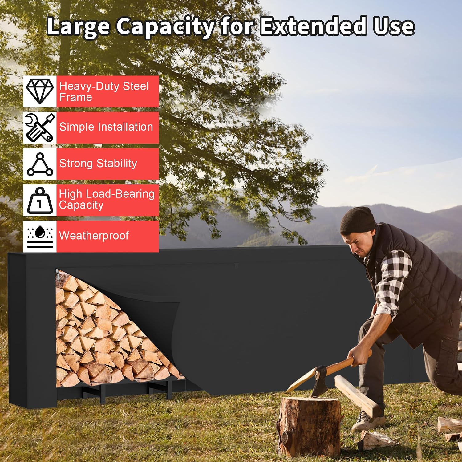 DIAMONDFORGE 8ft Firewood Rack Outdoor with Cover, Heavy Duty Fire Wood Stand, Metal Firewood Rack Indoor, Firewood Holder Storage, Log Wood Pile Racks Stand for Patio, Garden, Backyard, Matte Black