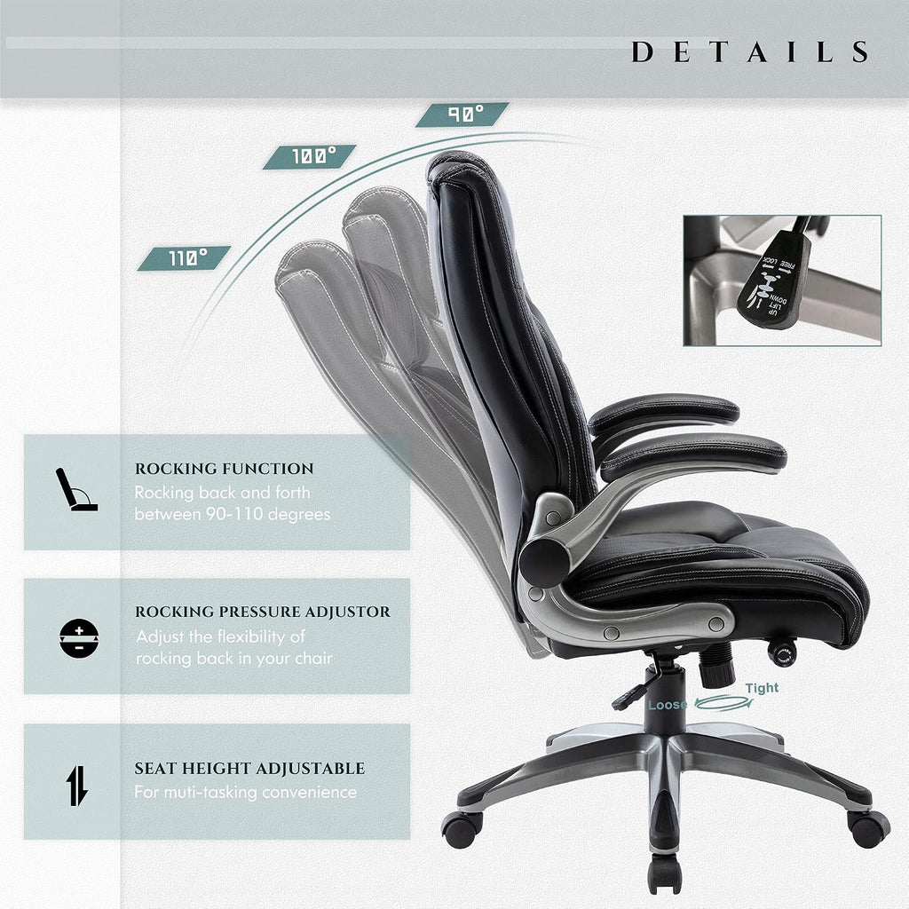 COLAMY Office Desk Chair, Ergonomic Computer Chair with Padded Flip-Up Arms and Thick Cushion, Leather office chair with High Back Adjustable Height and Tilt for Working for Working, Study, Gaming,2PC
