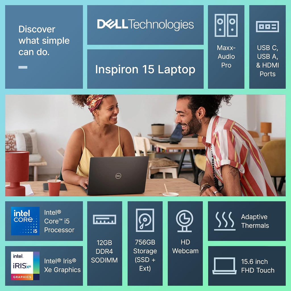 Dell Inspiron 15 Touchscreen Business Laptop, Lifetime Office, AI Copilot, 15.6' FHD, 10-Core Intel i5 (Upto 4.5GHz), 12GB RAM & 756GB Storage (256GB SSD+500GB Ext), Wi-Fi 6, HubxcelAccs, Win 11 Pro