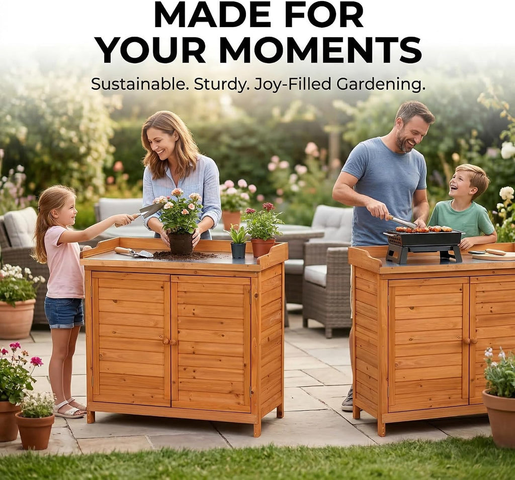 Outdoor Garden Patio Wooden Storage Cabinet Furniture Waterproof Tool Shed with Potting Benches Outdoor Work Station Table (Natural)