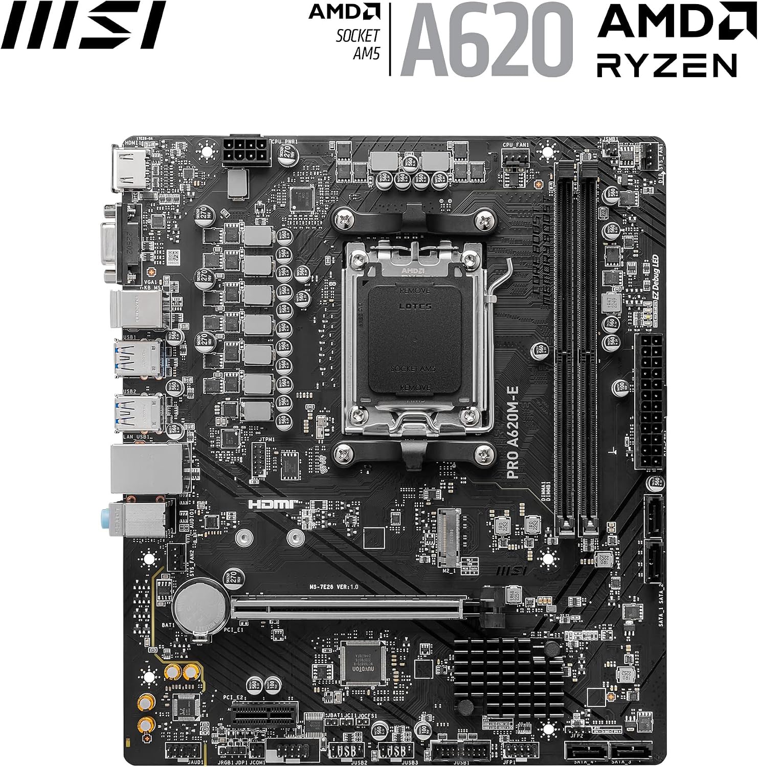 MSI PRO A620M-E Motherboard, Micro-ATX - Supports AMD Ryzen 7000 Series Processors, AM5 - DDR5 Memory Boost 6400+MHz/OC, 1 x PCIe 4.0 x16, 1 x M.2 Gen4