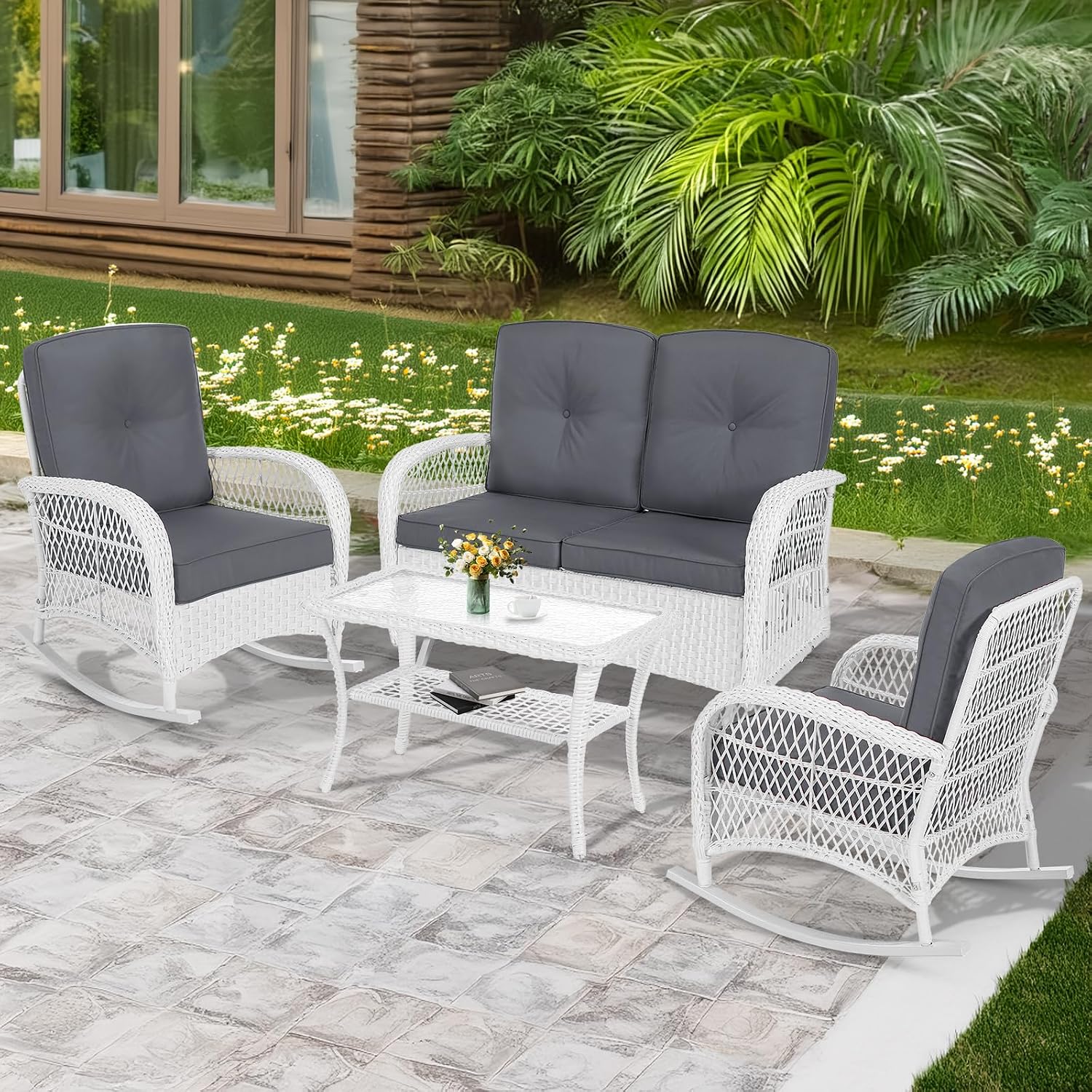 MEETWARM 4 Pieces Outdoor Wicker Patio Conversation Sets with Glider Loveseat, 2 Chairs with Coffee Table Wicker Rocking Chair Set, Patio Furniture Set with Thickened Cushions, White/Grey