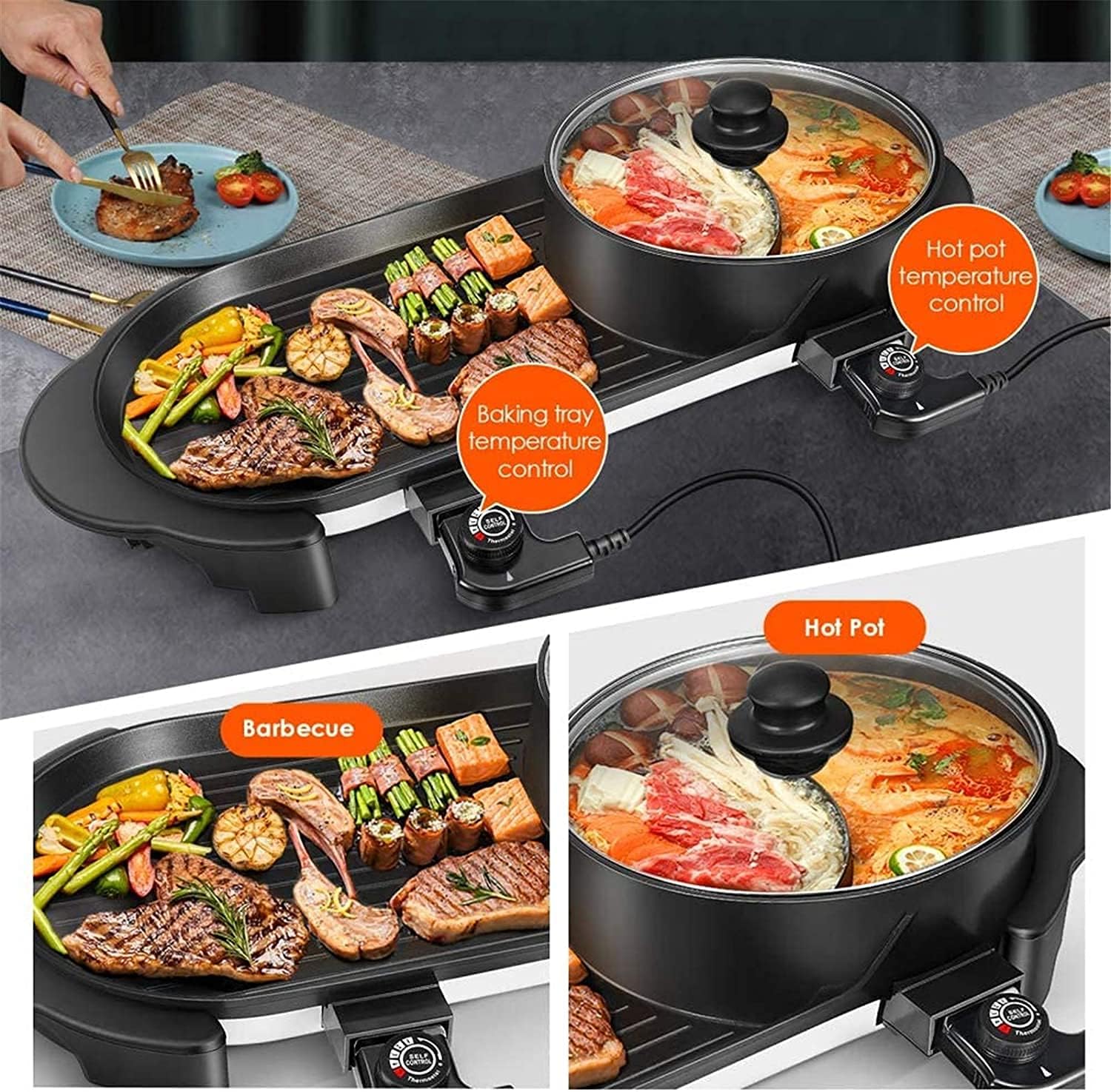 Portable Electric Grill,2 in 1 Electric BBQ Hot Pot Dual Pot,Multifunctional Non-Stick Pan Electric Cooker with 5 Temperature Adjustments