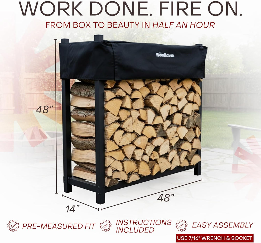 Woodhaven Black 4 Foot - Heavy Duty Made In USA - Indoor Outdoor - 1/4 Cord Firewood Storage Log Rack With Seasoning Cover Combo Set - Metal Log Storage - 48' x 48'