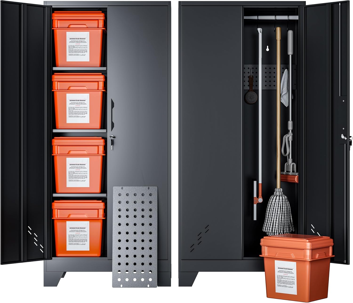 Storage Cabinet 61' H, Metal Tools Storage Cabinet with Lockable Doors and Shelves, Outdoor Storage Sheds with Removable Pegboard for Garage, Utility Room, Office