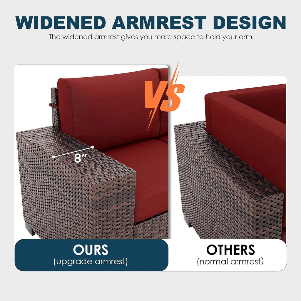 7 Piece Patio Furniture Set with Fire Pit Table, Outdoor Conversation Sets Wicker Rattan Sectional Sofa with Coffee Table for Patio Garden Backyard, 4'' Thickened Cushion Wine Red
