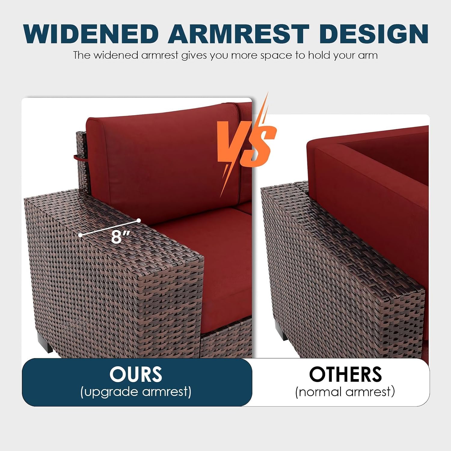 7 Piece Patio Furniture Set with Fire Pit Table, Outdoor Conversation Sets Wicker Rattan Sectional Sofa with Coffee Table for Patio Garden Backyard, 4'' Thickened Cushion Wine Red