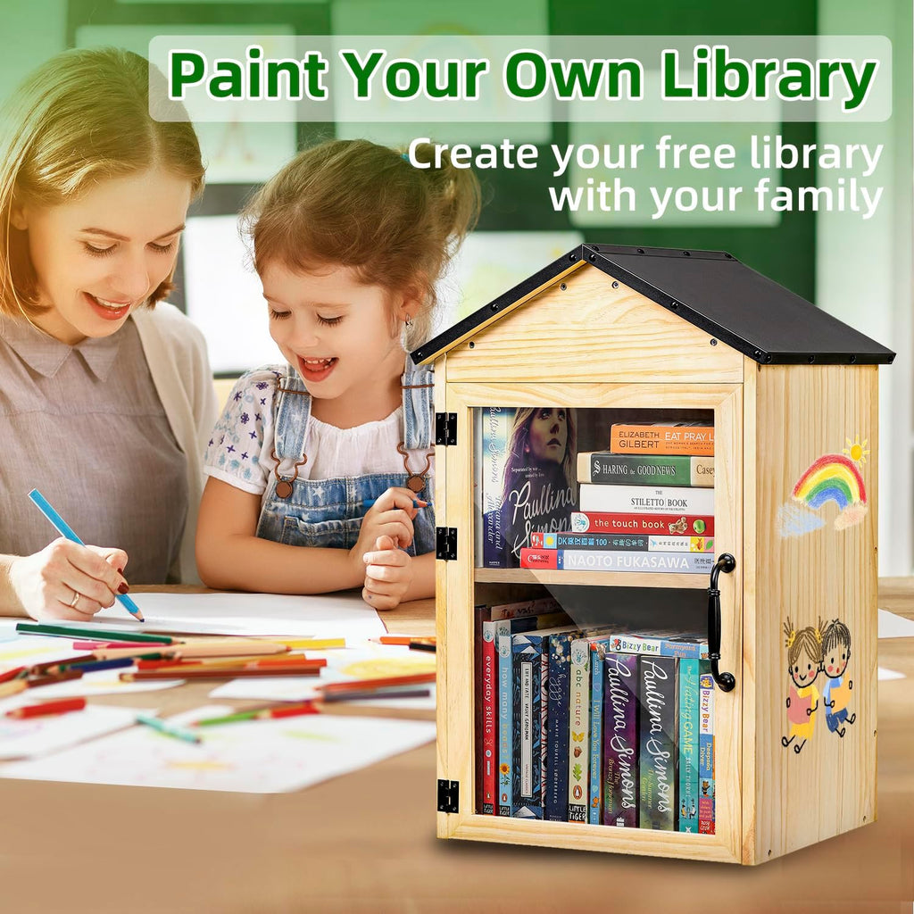 Little Library Box Outdoor, 2-Tier Little Library for Neighborhoods Community School, Weatherproof Solid Wood with Adjustable Shelf & Rust-Proof Hinges, Sharing books, Literature and Newspapers