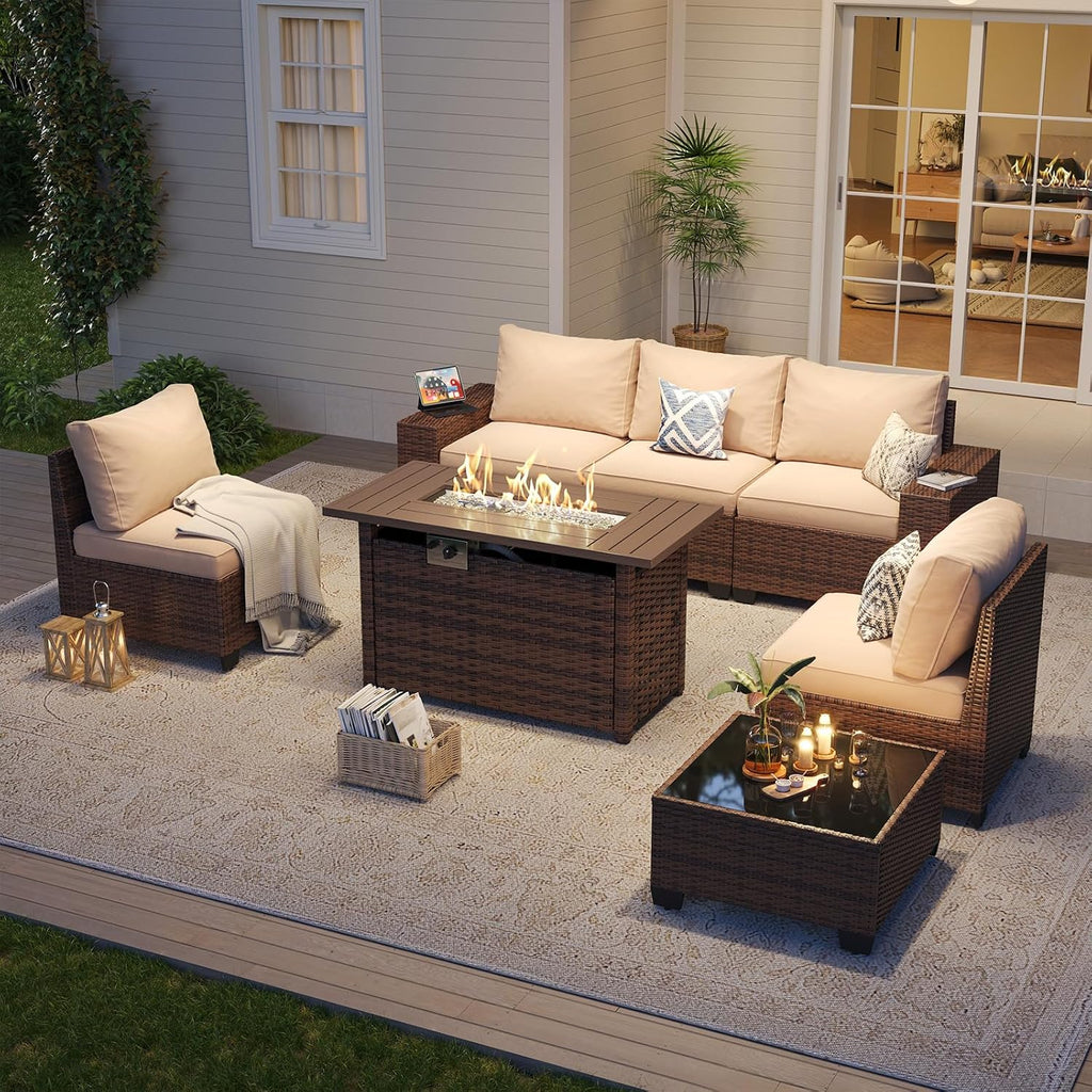 Aoxun Outdoor Patio Furniture Set with 44'' Fire Pit Table, 7 Pcs Outdoor Patio Furniture Sets with 4in Thicken Cushion, Widen Armrests Wicker Outdoor Sectional for Backyard & Garden, Beige