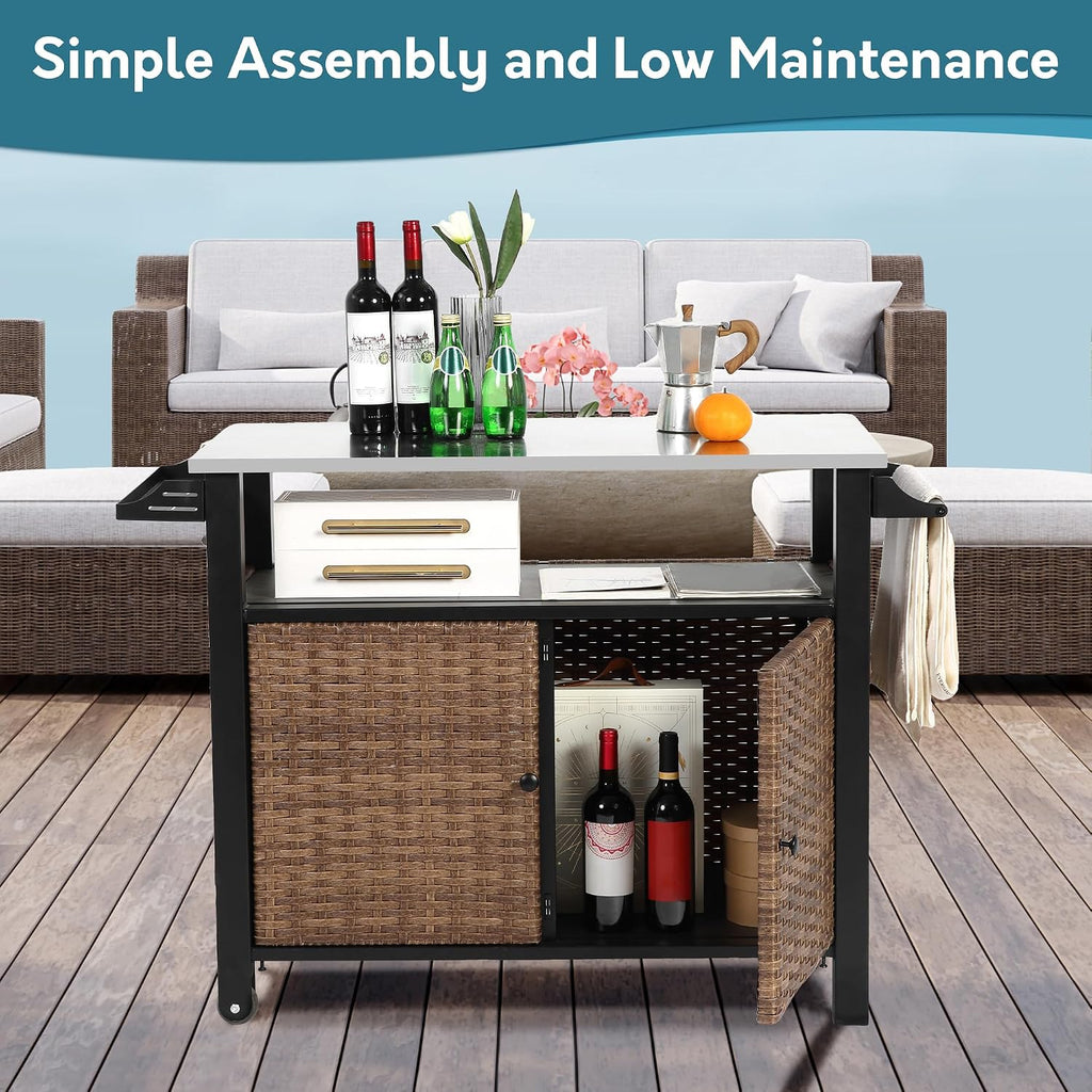Patio Grill Cart with Wicker Storage, Outdoor Kitchen Island Serving Cart with Stainless Steel Table Top, Outdoor Prep Table and Rolling Wheels, for BBQ, Patio, Brown