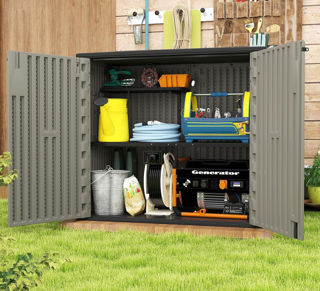 HOMSPARK Outdoor Storage Shed 37 Cu.Ft, All-Weather Resistant Resin Garden Sheds & Outdoor Storage Clearance with Floor, Double-Layer Plastic Tool Sheds for Patio, Garden & Lawn (Shallow Brown)