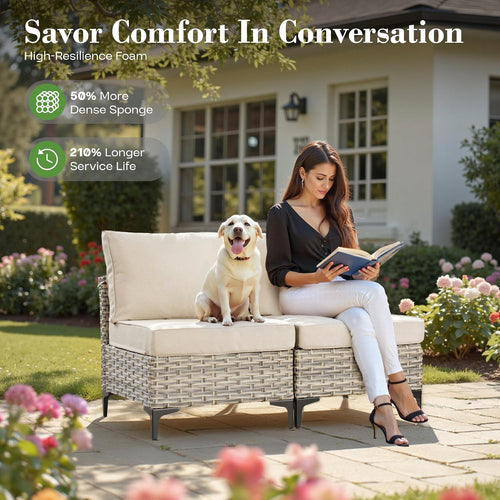 10 Piece Outdoor Patio Furniture with Swivel Rocking Chair, Rattan Wicker Conversation Set with Glowing Coffee Table, Sectional Single Chairs for Porch Balcony Backyard Pool,Beige