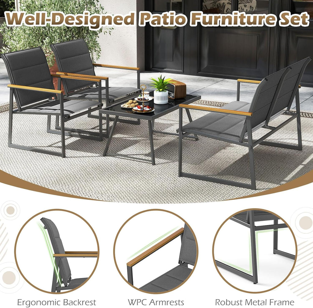 Tangkula 4 Piece Patio Furniture Set, Outdoor Metal Conversation Set with Padded Fabric Seat & Wood-Plastic Armrests, Sectional Sofa Set with Tempered Glass Coffee Table for Backyard, Porch (Gray)