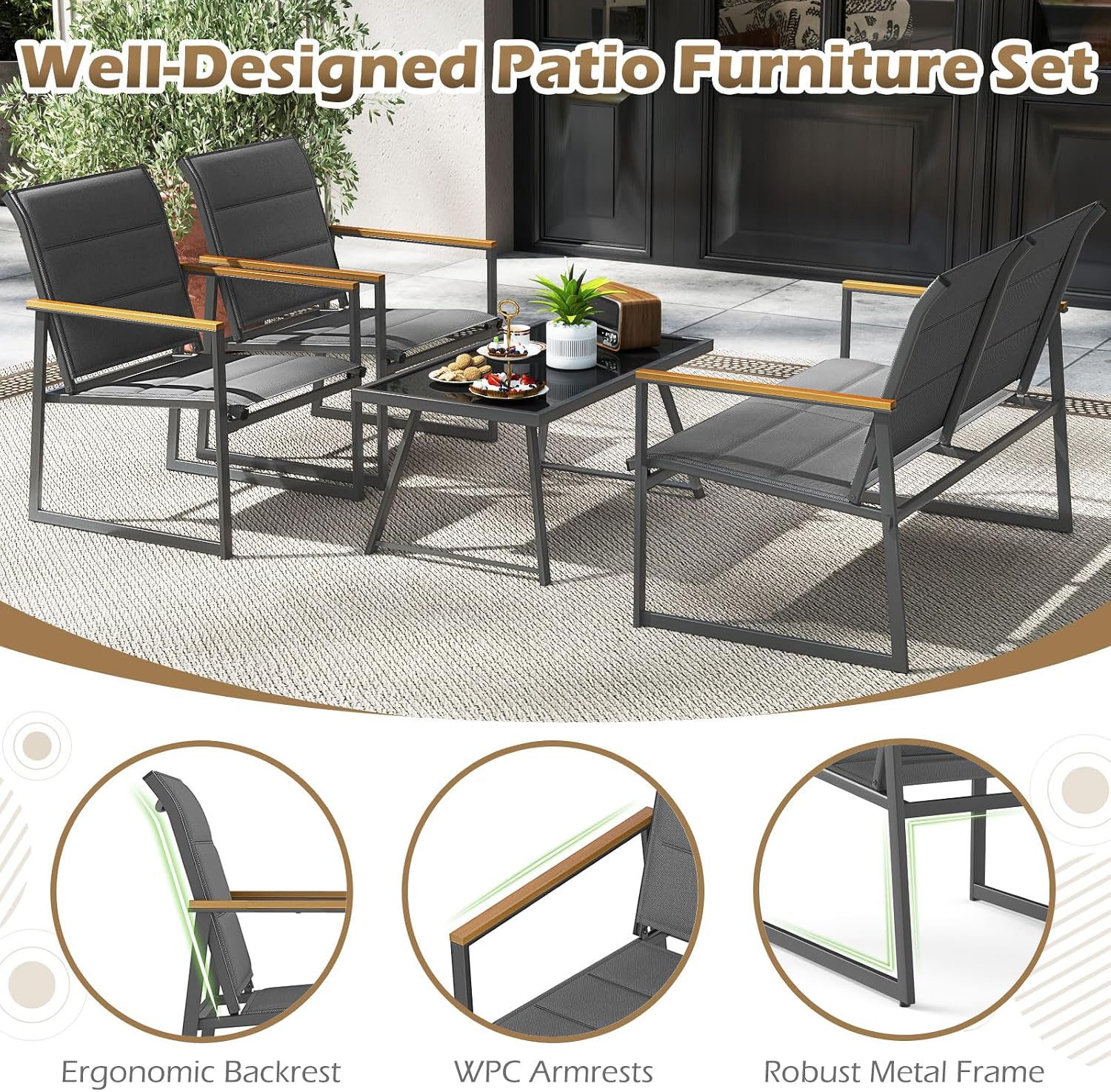 Tangkula 4 Piece Patio Furniture Set, Outdoor Metal Conversation Set with Padded Fabric Seat & Wood-Plastic Armrests, Sectional Sofa Set with Tempered Glass Coffee Table for Backyard, Porch (Gray)