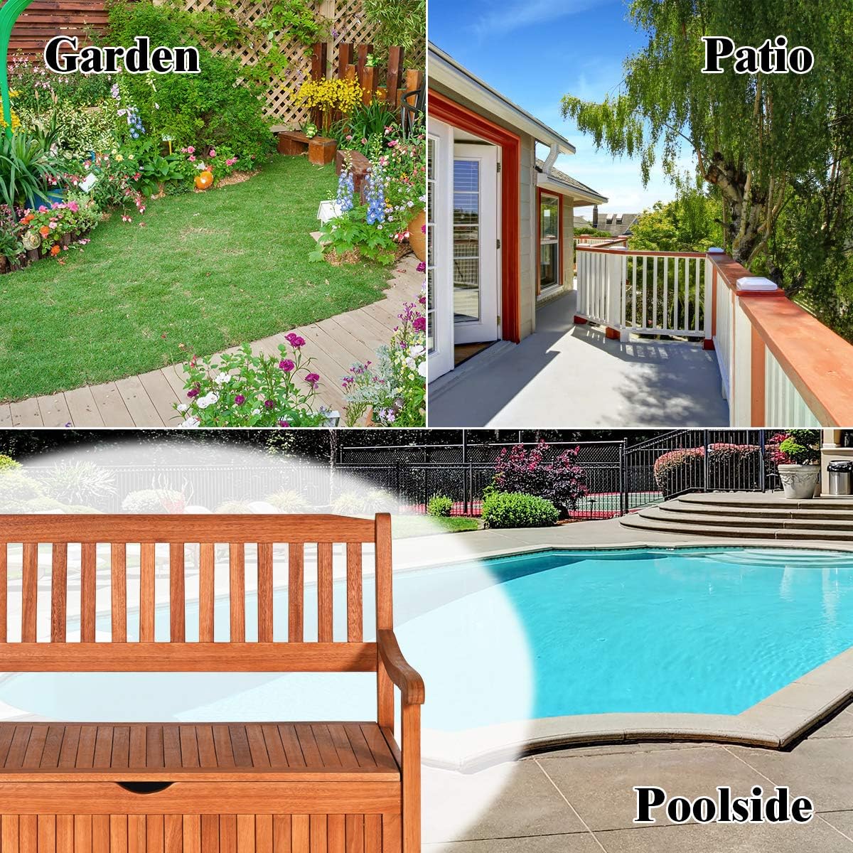 Tangkula Outdoor Wood Storage Bench Deck Box, Entryway Porch Storage Bench with Inner Removable Dust-Proof Lining & Portable Handles, Eucalyptus Wood Loveseat for Garden, Lawn, Balcony & Yard