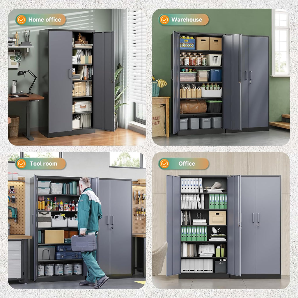 Letaya Metal Storage Cabinets with Lock Door and 5 Adjustable Shelves, Steel Garage Tool Organization Cabinets for Home,Utility Room, Warehouse,Lockers(71'-Black Gray) | Lock Door, 5 Adjustable Shelves, Garage, Lockers