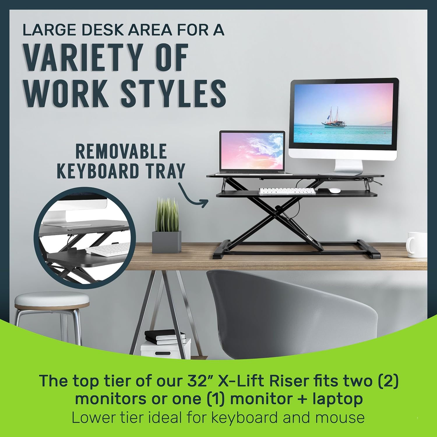 TechOrbits Standing Desk Converter - 32 Inch Adjustable Sit to Stand Up Workstation, Particle Board, Dual Monitor Desktop Riser with Keyboard Tray, for Home Office Laptop, Black 32'