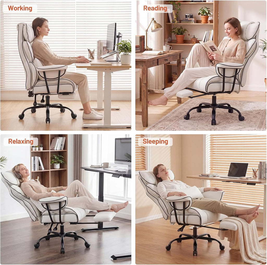 Furniliving Big and Tall Executive Office Chair- Ergonomic, Reclining Desk Chair with Footrest Lumbar Pillow, Height Adjustable Back Leather Chair for Home Office, Pure White