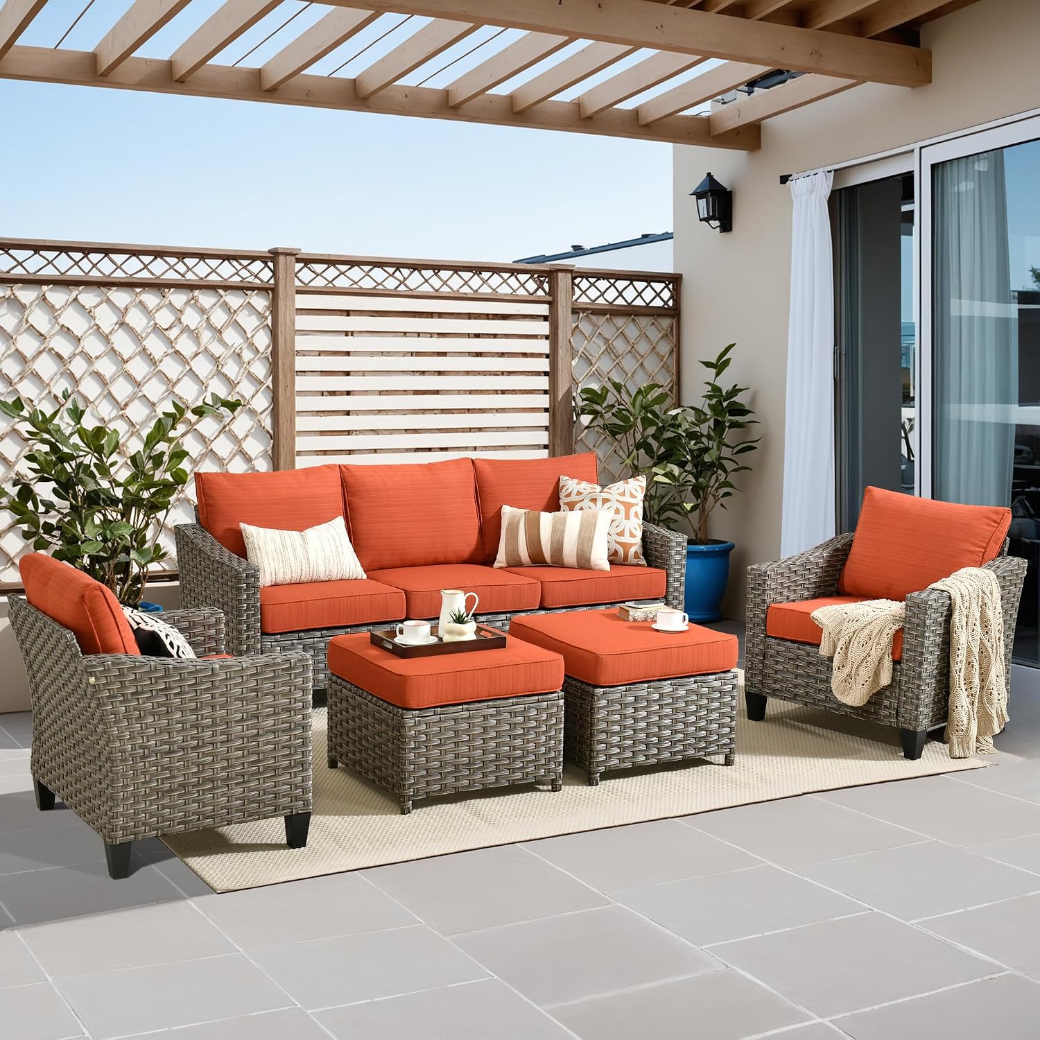 5 PCS Outdoor Patio Furniture Set, All-Weather Rattan Wicker Conversation Group with Deep Seating, High Back Comfort for Porch, Backyard, Orange