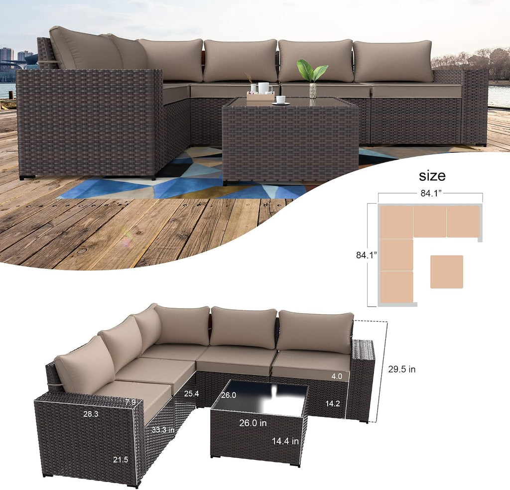 Kullavik Outdoor Patio Furniture Set 6 Pieces Sectional Rattan Sofa Set Brown PE Rattan Wicker Patio Conversation Set with 5 Seat Cushions and 1 Tempered Glass Table,Sand