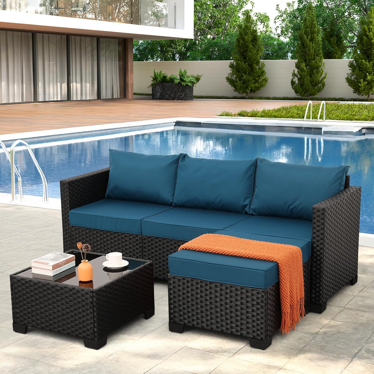 Oasishine 3 Pieces Patio Furniture Set Outdoor Sectional Wicker Patio Furniture Patio Couch with Ottoman and Outdoor Glass Table Weathering Anti-Slip Cushions Waterproof Covers, Peacock Blue