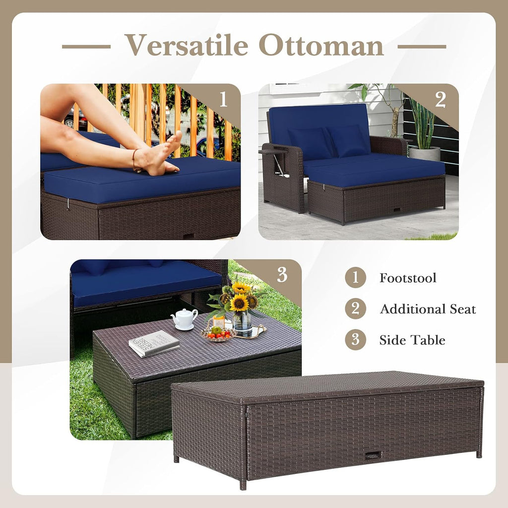 Tangkula Patio Rattan Daybed with 4-Level Adjustable Backrest, Outdoor PE Wicker Loveseat with Storage Ottoman & Folding Side Tray, Double Sunbed Lounger for Balcony, Backyard & Poolside, Navy & Brown