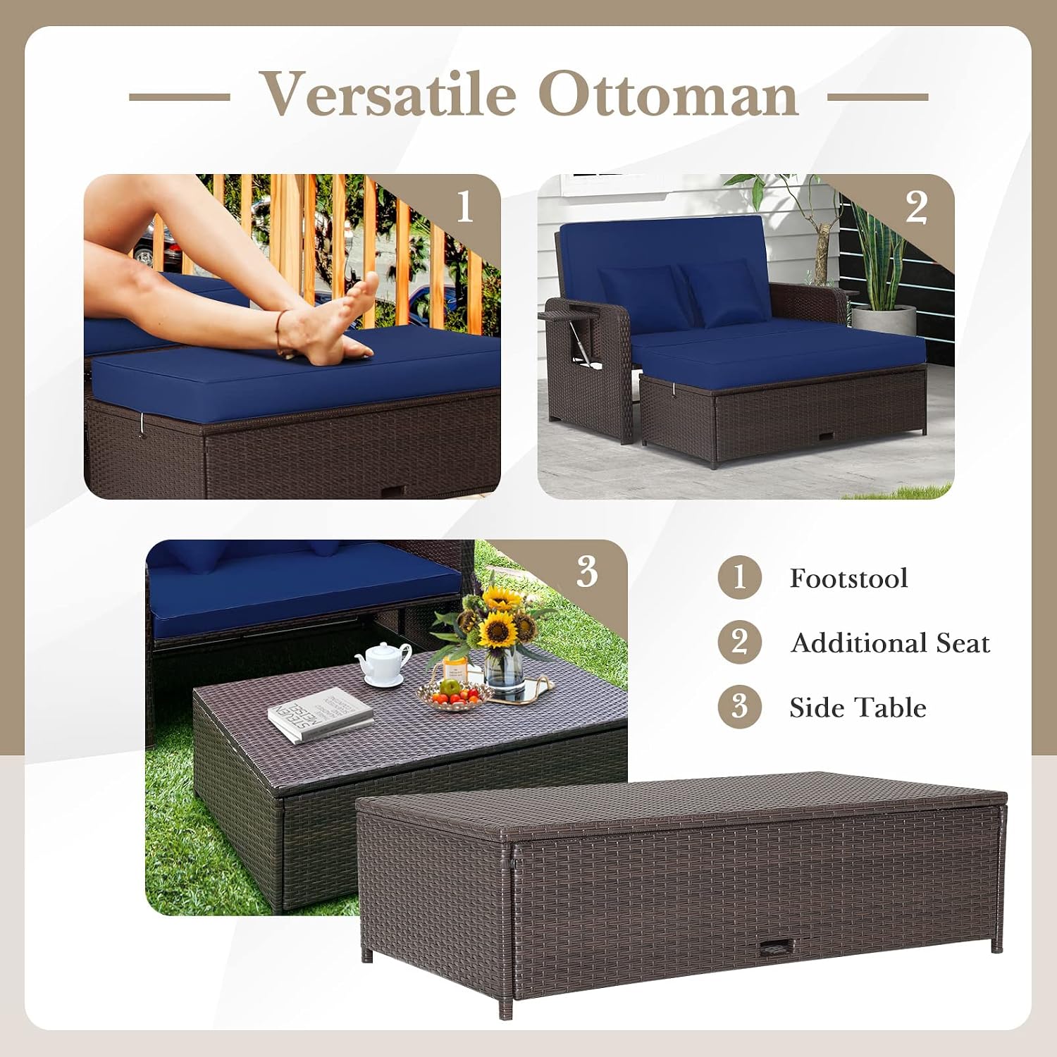Tangkula Patio Rattan Daybed with 4-Level Adjustable Backrest, Outdoor PE Wicker Loveseat with Storage Ottoman & Folding Side Tray, Double Sunbed Lounger for Balcony, Backyard & Poolside, Navy & Brown