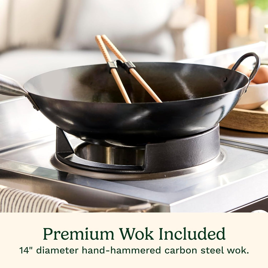 Cuisinart Outdoor Wok Station, 50,000 BTU Propane Outdoor Wok Burner with Prep Table, 14' Carbon Steel Fry Pan, Stainless Steel Side Table, Storage, Outdoor Cooking Station for Stir Fry, Searing, BBQ