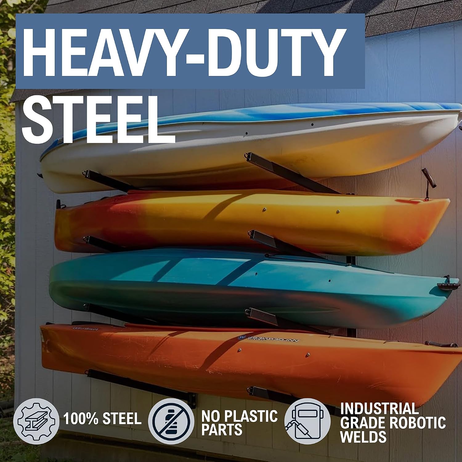StoreYourBoard G-Kayak Wall Rack – Heavy-Duty Outdoor Kayak Rack for 4 Boats, Adjustable Storage Wall Mount Hanger, Space-Saving Outdoor Storage for Kayak Wall Mount - Holds 400 lbs - Silver