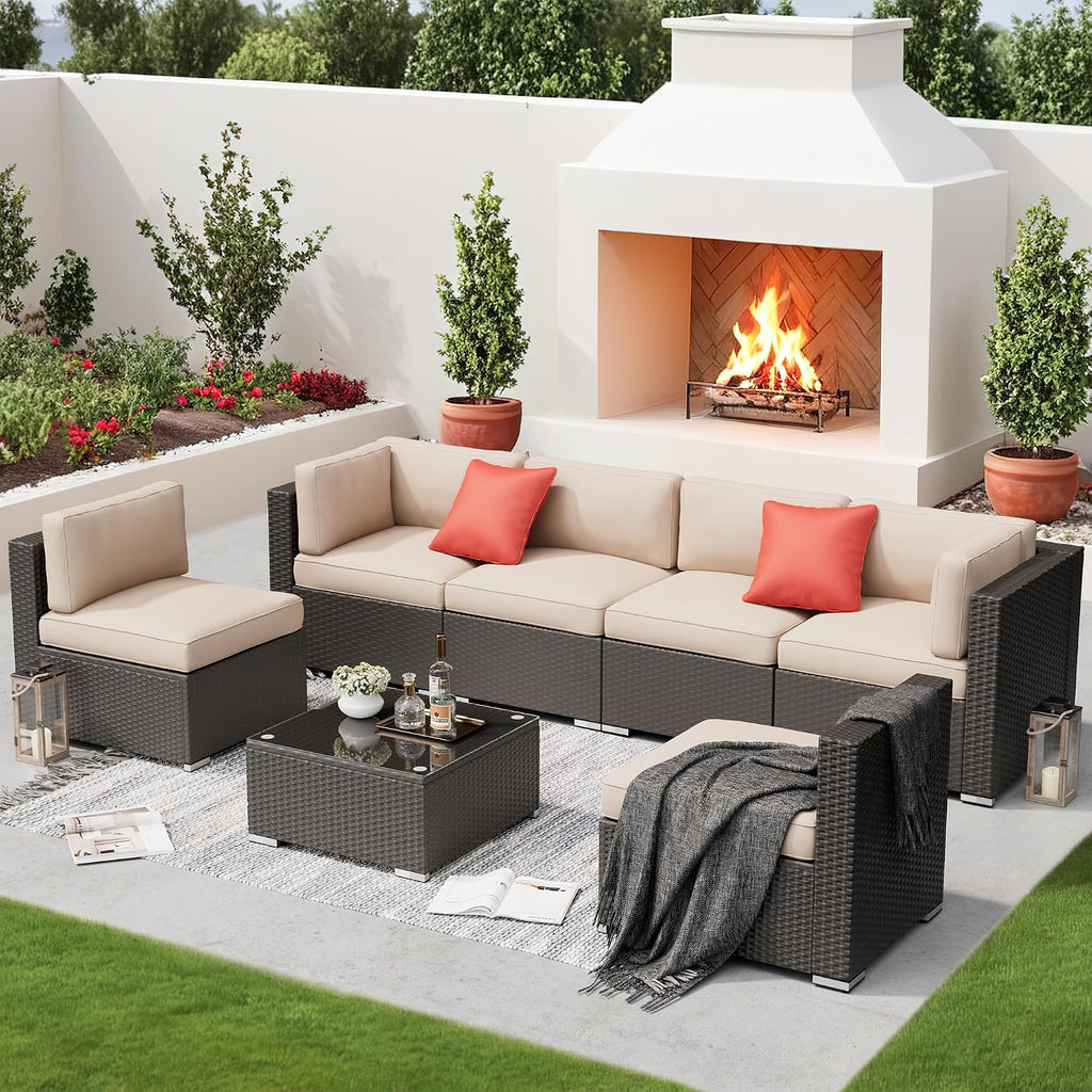 SUNCROWN 7-Piece Outdoor Patio Furniture Sofa Set All-Weather Black Wicker Sectional Conversation Set with Modern Glass Coffee Table and Cushions, Backyard, Garden, Poolside, Brown