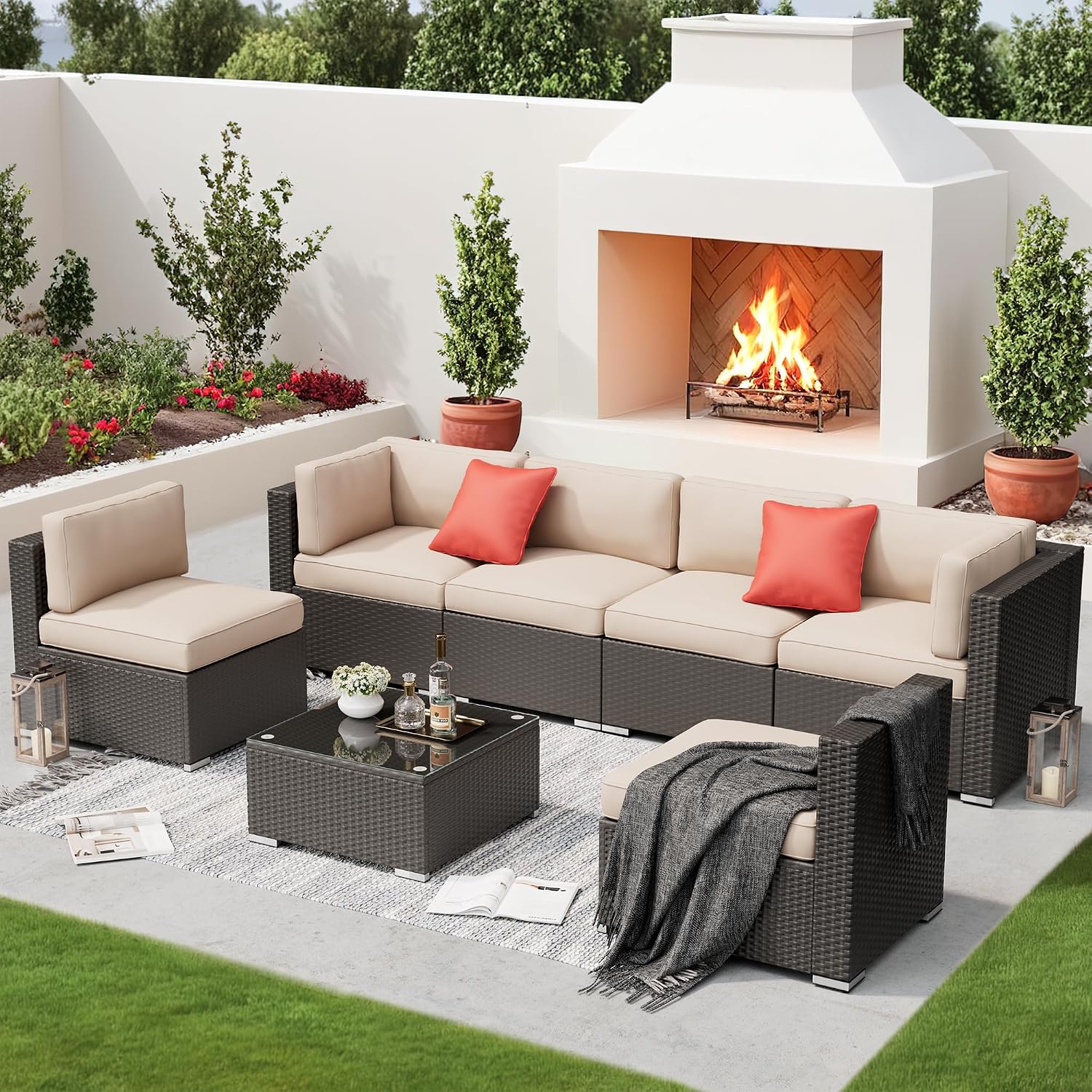 SUNCROWN 7-Piece Outdoor Patio Furniture Sofa Set All-Weather Black Wicker Sectional Conversation Set with Modern Glass Coffee Table and Cushions, Backyard, Garden, Poolside, Brown