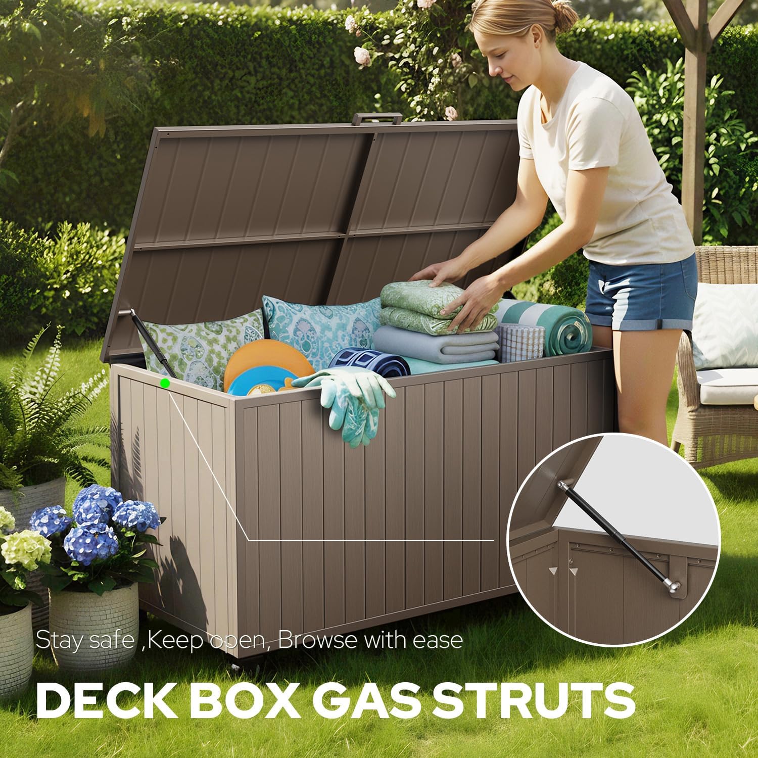 Outdoor Storage Box with Wheels 150 Gallon, Mobile Aluminum Deck Boxes Outdoor Waterproof, UV Resistant Patio Storage Box with Lid for Patio Furniture, Garden Tools, Outdoor Cushion (Brown)