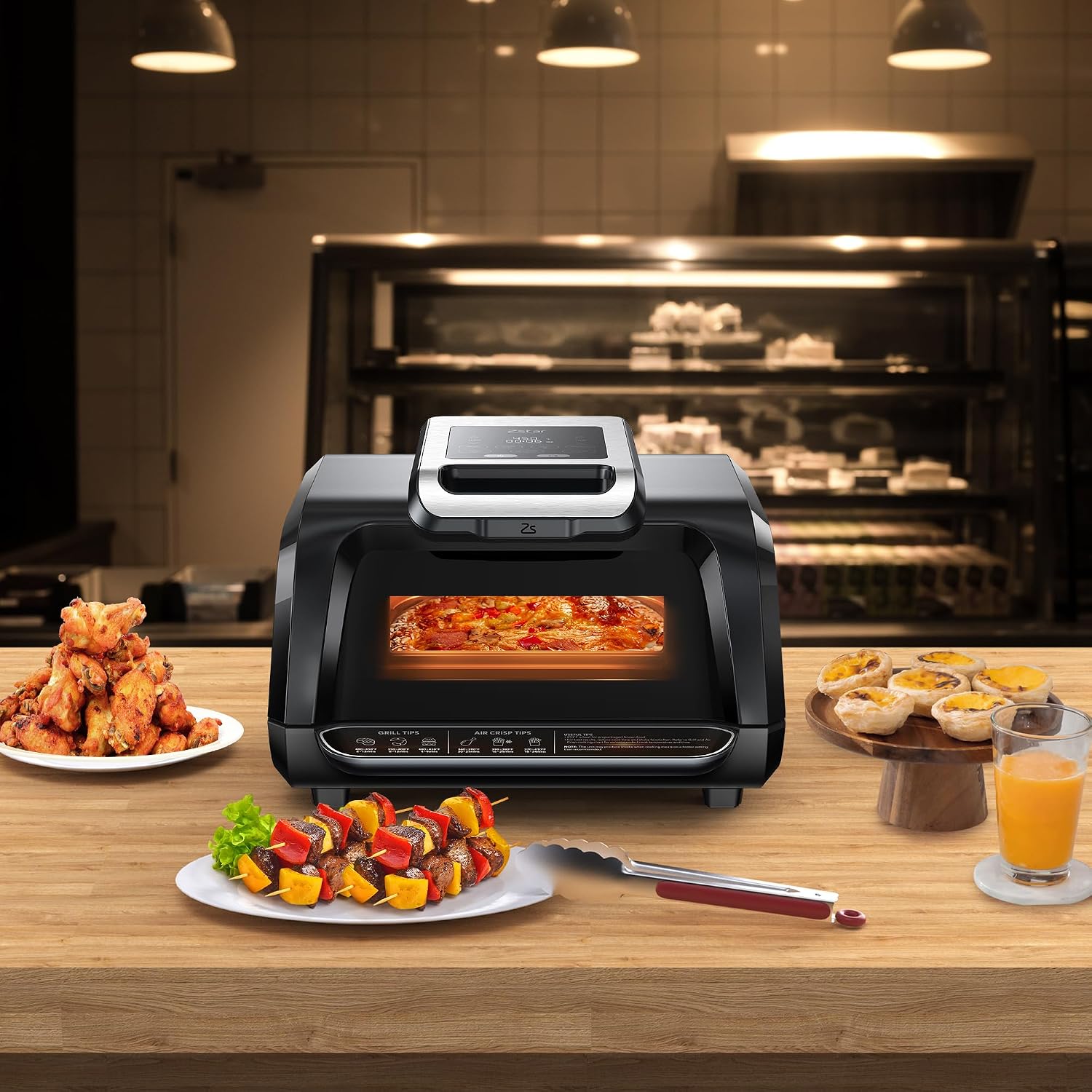 1750W 7-In-1 Air Fryer & Smokeless Grill Combo - Indoor Electric Grill with Bake/Roast/Broil/Dehydrate - 4QT Capacity, Smart Thermometer & Viewing Window, Black