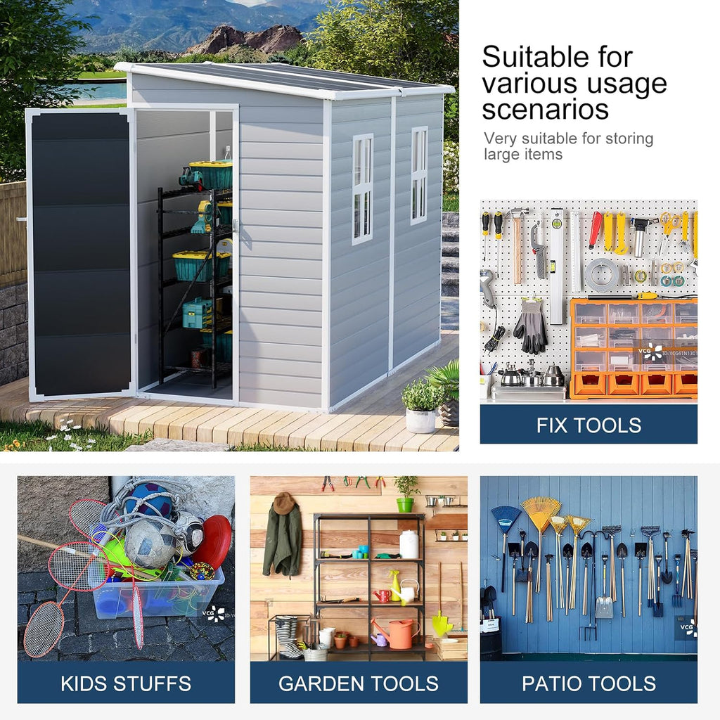 8x4x6 FT Resin Storage Shed with Floor Windows Door Vents, Reinforced Frame Waterproof Plastic Lean to Sheds Kit with Base for Backyard Garden Patio Tools Storage, Gray