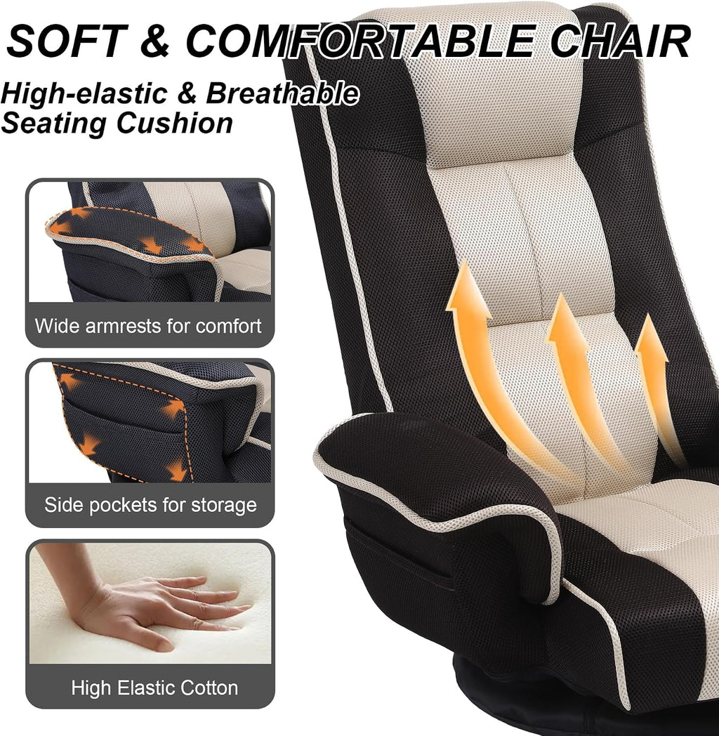 Swivel Floor Chairs for Adults, Floor Gaming Chair with Extra Wide Arms, Back Support 14 Angles Adjustable Comfortable Double Mesh Fabric Lazy Sofa for Video Game Chairs 201 (Black+Beige)