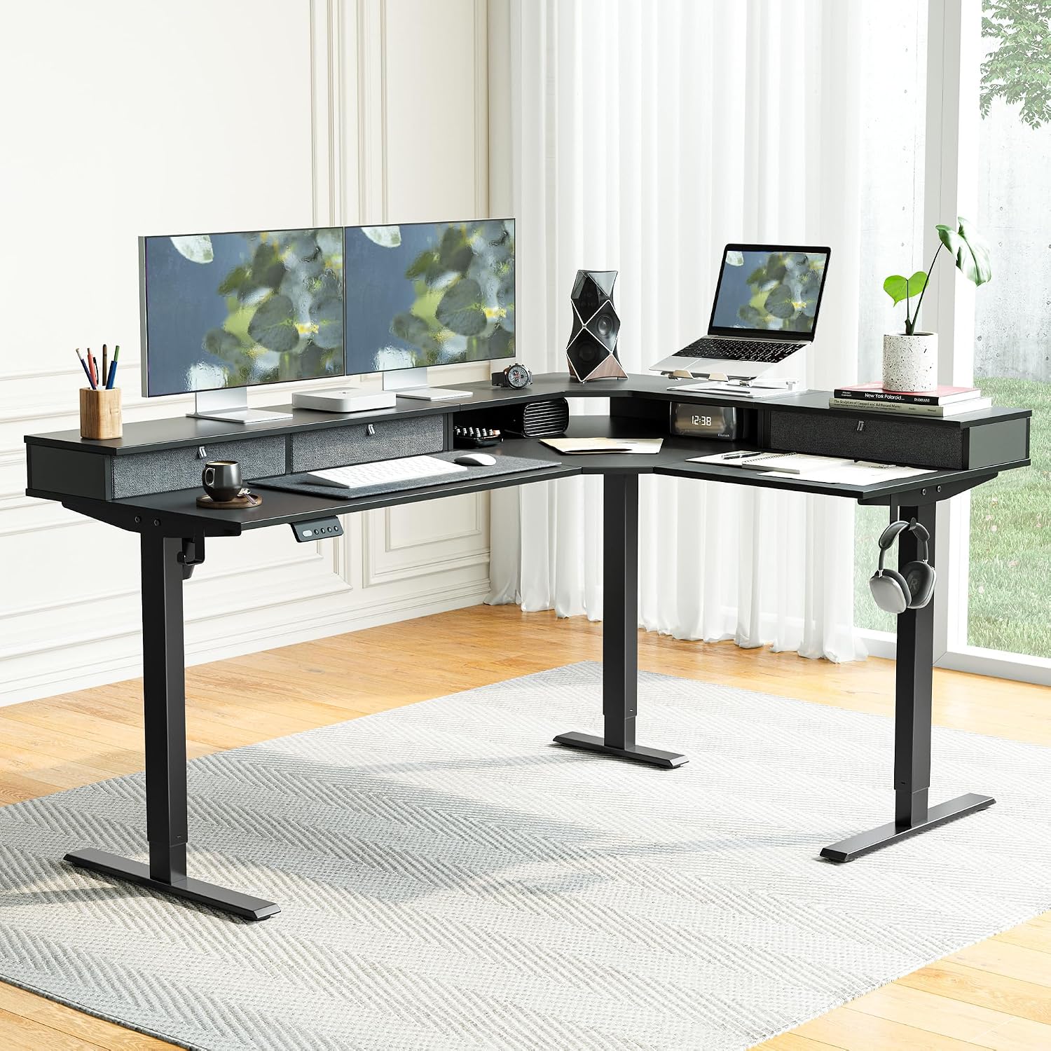 FEZIBO L Shaped Electric Standing Desk, 63 x48 inch Large with Drawers | Reversible Tabletop, 2 Memory Height Settings | Home Office & Gaming Height-Adjustable Table, Black Top/Black Frame（2 packages）