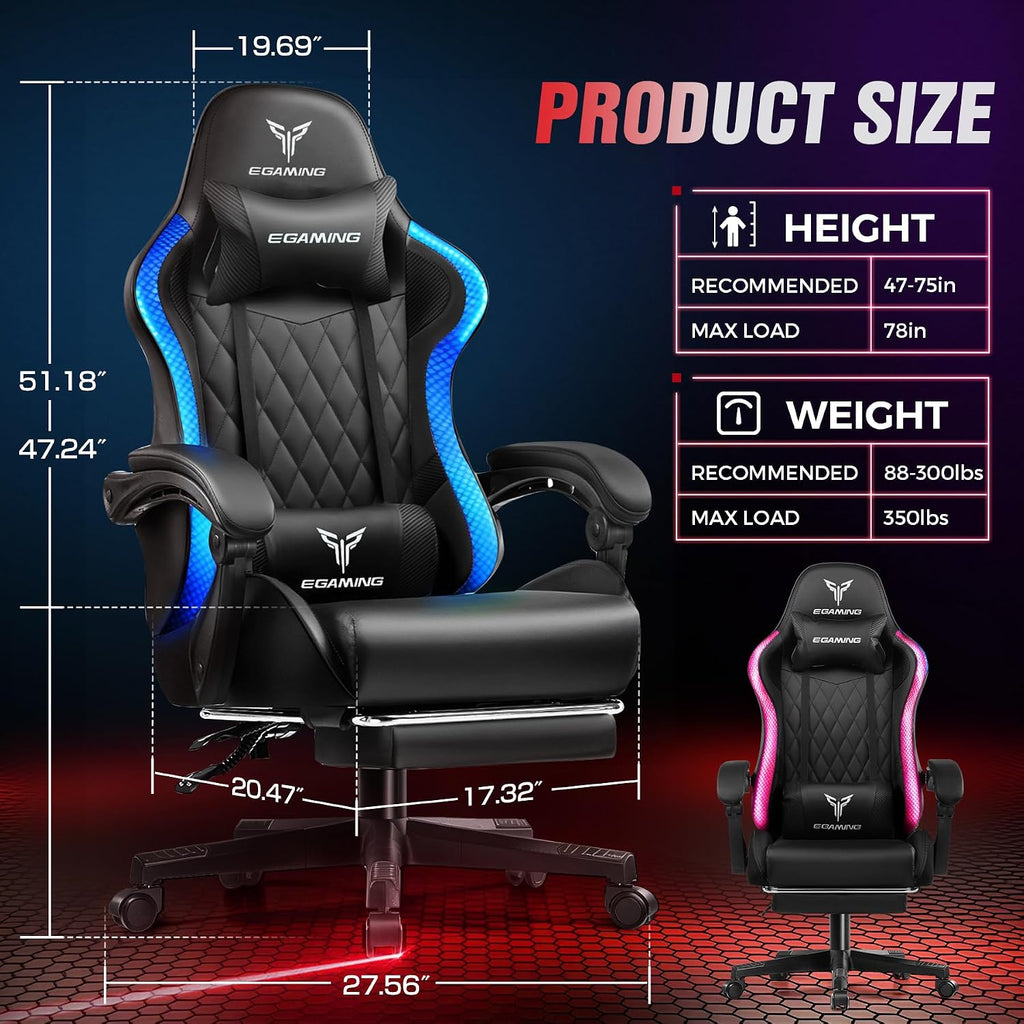 EXRACING Gaming Chair with Footrest Ergonomic High-Back PU Leather Computer Chair with RGB LED Lights Linkage Armrests Lumbar Support and Headrest 150°Reclining Diamond Quilted Office Chair for Adults